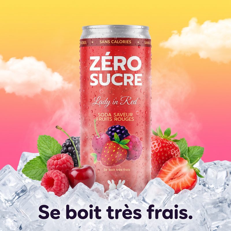 La canette Lady in Red plantée dans la glace pilée