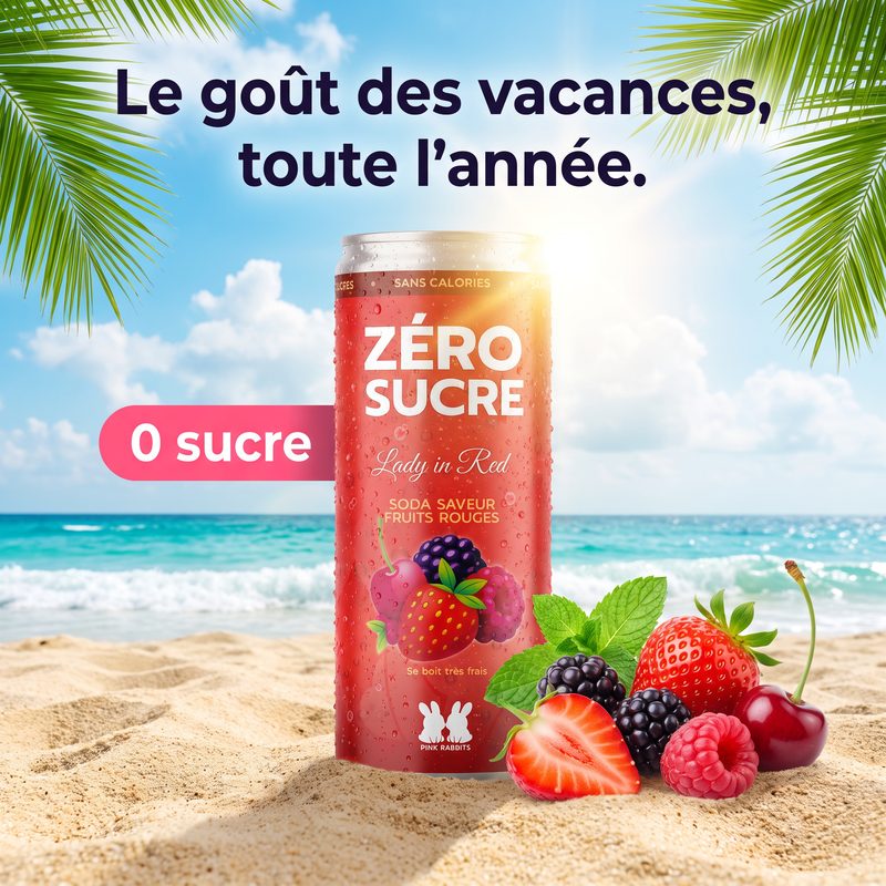 La canette Lady in Red posée dans le sable, face à la mer