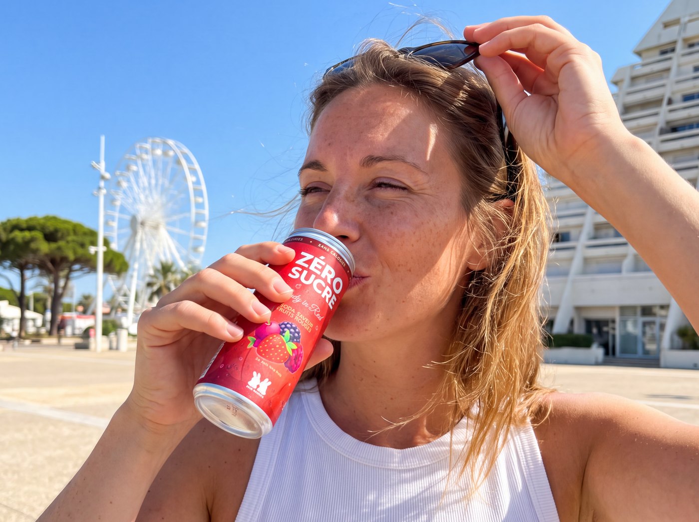 Une femme boit une canette Lady in Red au soleil, sur le front de mer de La Grande-Motte
