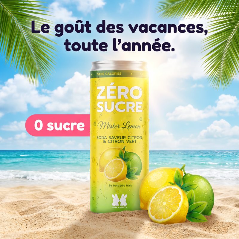 La canette Mister Lemon posée dans le sable, face à la mer