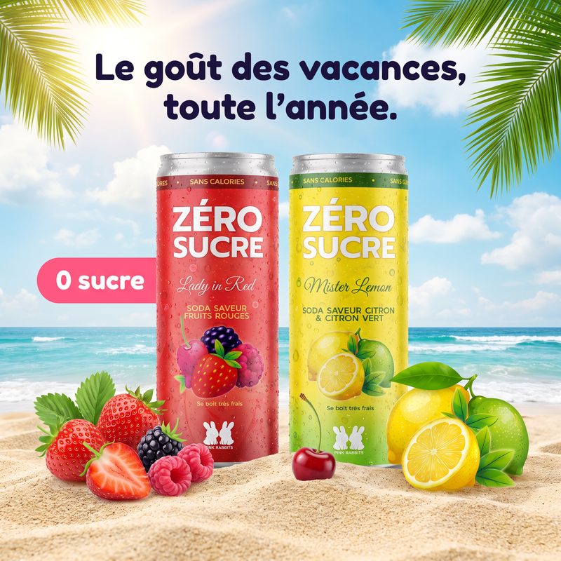 Les deux canettes posées dans le sable, face à la mer