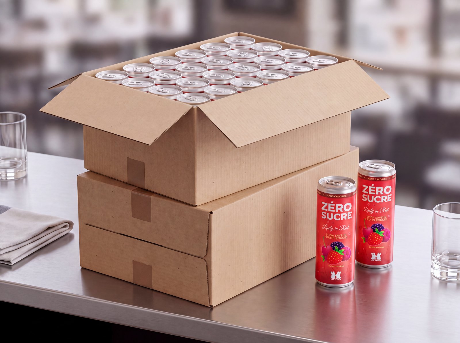 Deux cartons de 24 Lady in Red posés sur le comptoir, celui du dessus ouvert