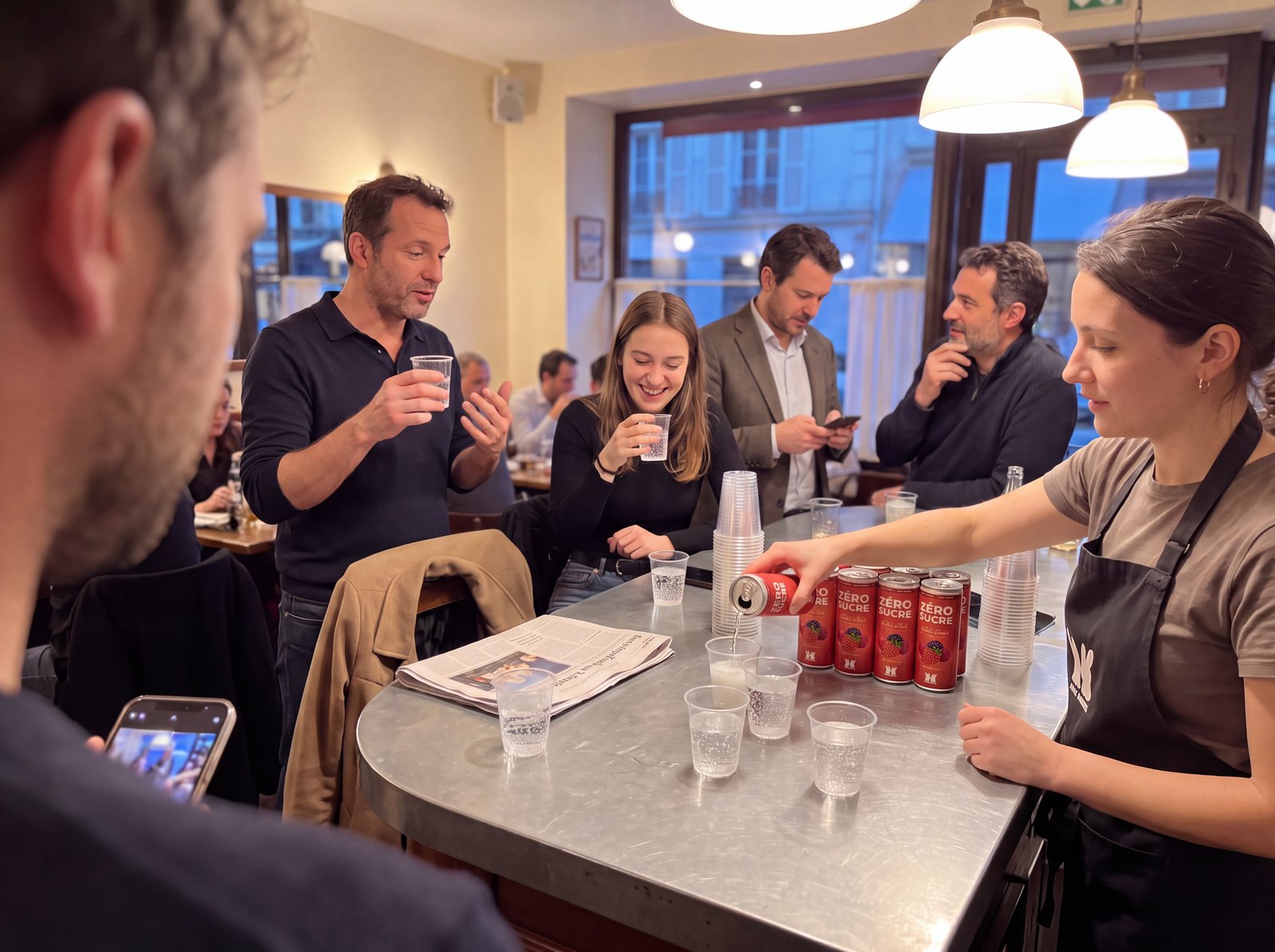 Une dégustation en cours au comptoir d'un bistrot, en fin de journée