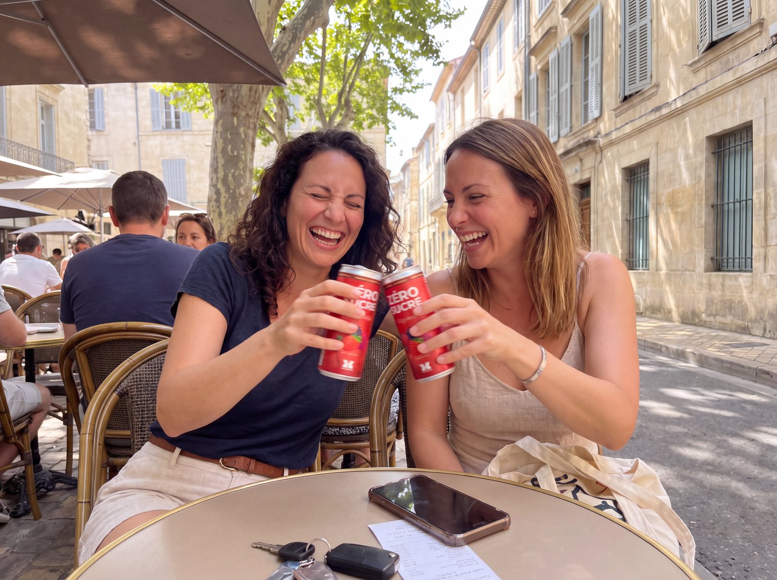 Deux clientes trinquent avec leur canette à la terrasse d'un bar montpelliérain